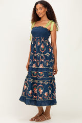 Navy Floral Smocked Shoulder Tie Tiered Maxi Dress