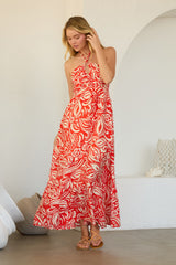 Coral Printed Halter Neck Keyhole Maxi Dress