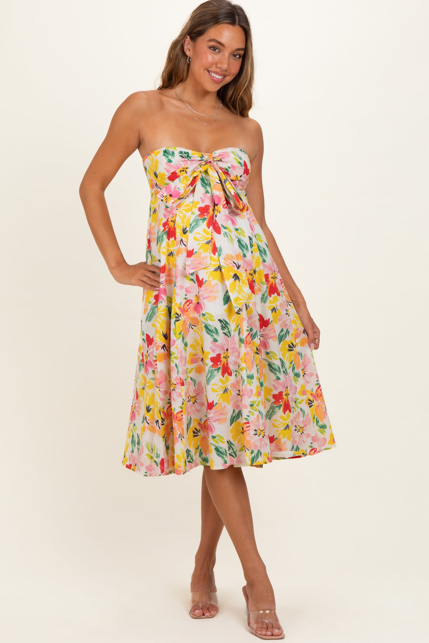 Ivory Floral Keyhole Halter Maternity Midi Dress