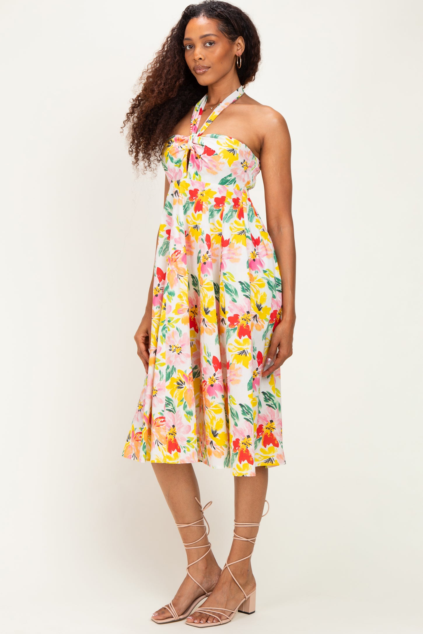 Ivory Floral Keyhole Halter Midi Dress