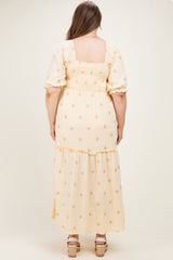 Beige Floral Embroidered Smocked Maternity Maxi Dress