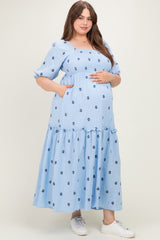 Light Blue Floral Smocked Puff Sleeve Plus Maternity Maxi Dress