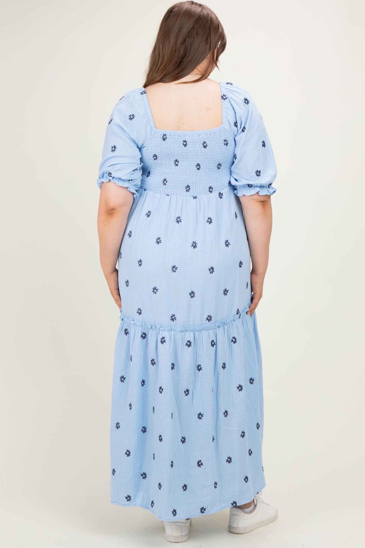 Light Blue Floral Smocked Puff Sleeve Plus Maternity Maxi Dress