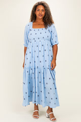 Light Blue Floral Smocked Puff Sleeve Plus Maternity Maxi Dress