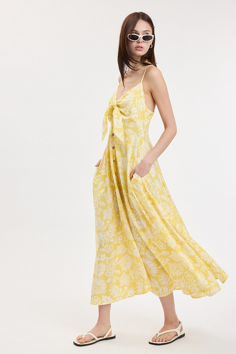 Yellow Floral Front Tie Racerback Midi Dress