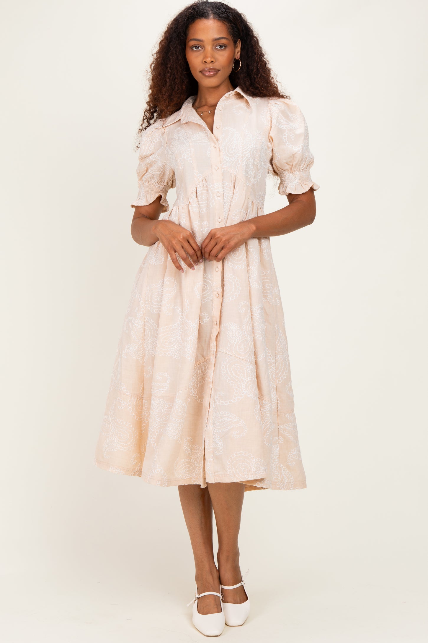 Stone Embroidered Midi Shirt Dress