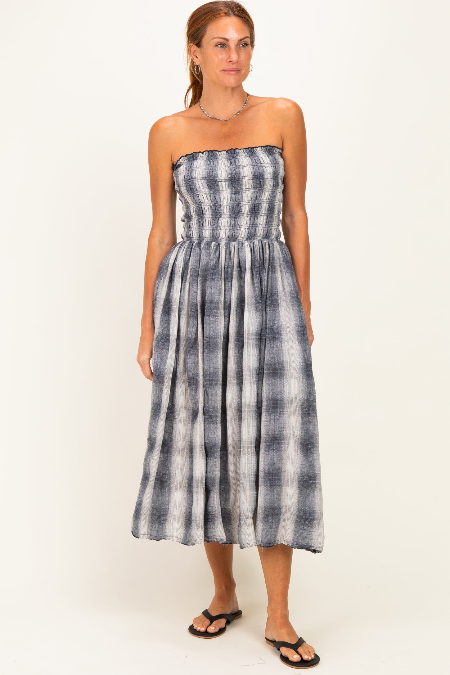 Black Plaid Smocked Strapless Midi Dress