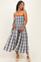 Black Plaid Smocked Strapless Maternity Midi Dress