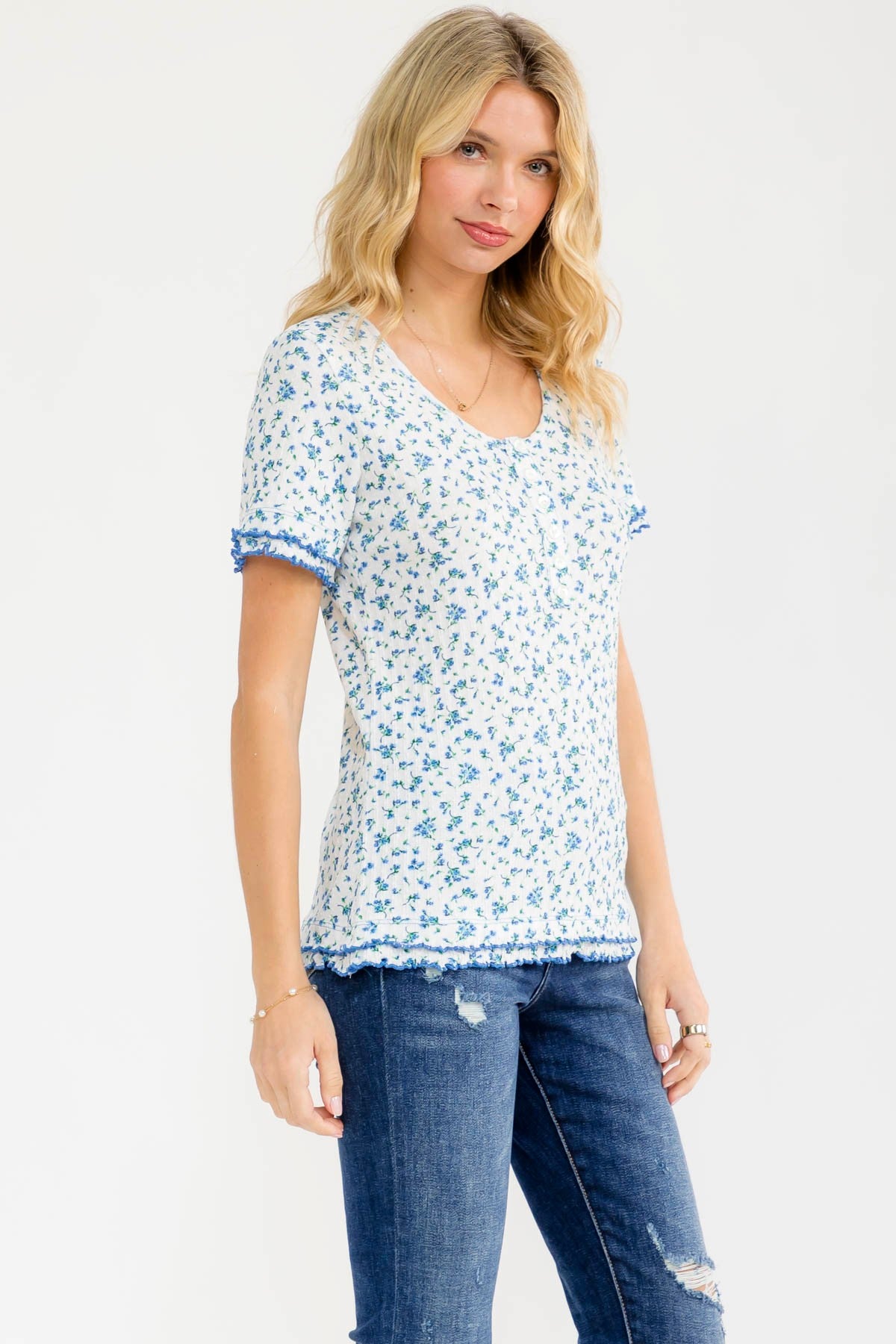 Blue Floral Ruffle Trim Henley Short Sleeve Top