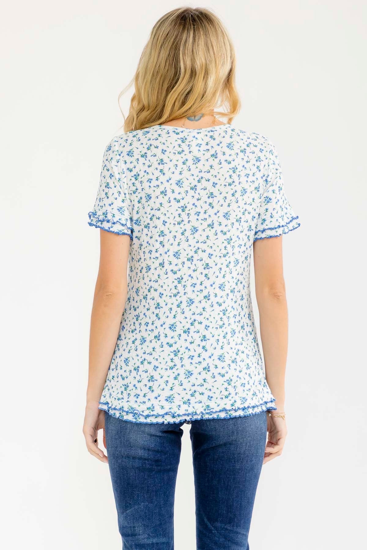 Blue Floral Ruffle Trim Henley Short Sleeve Top