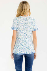 Blue Floral Ruffle Trim Henley Short Sleeve Top