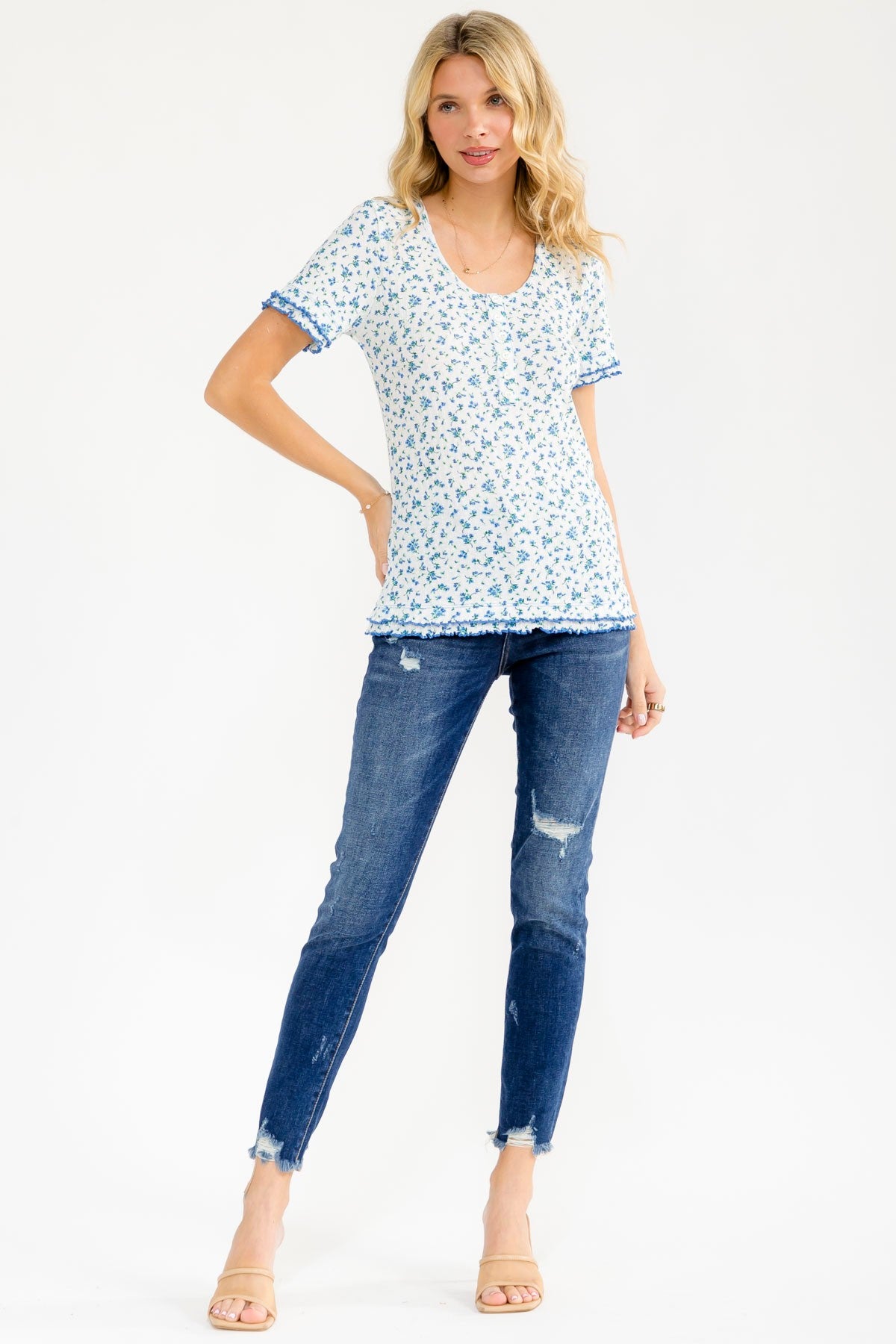 Blue Floral Ruffle Trim Henley Short Sleeve Top