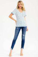 Blue Floral Ruffle Trim Henley Short Sleeve Top