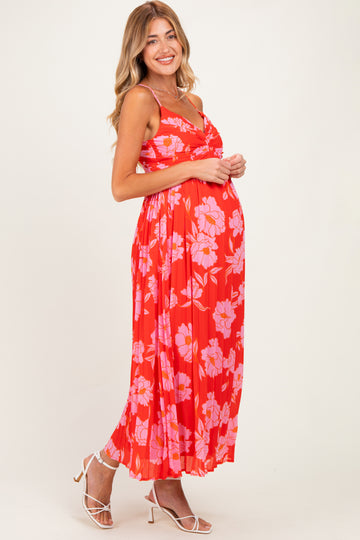 Red Floral Pleated Cutout Back Maternity Midi Dress