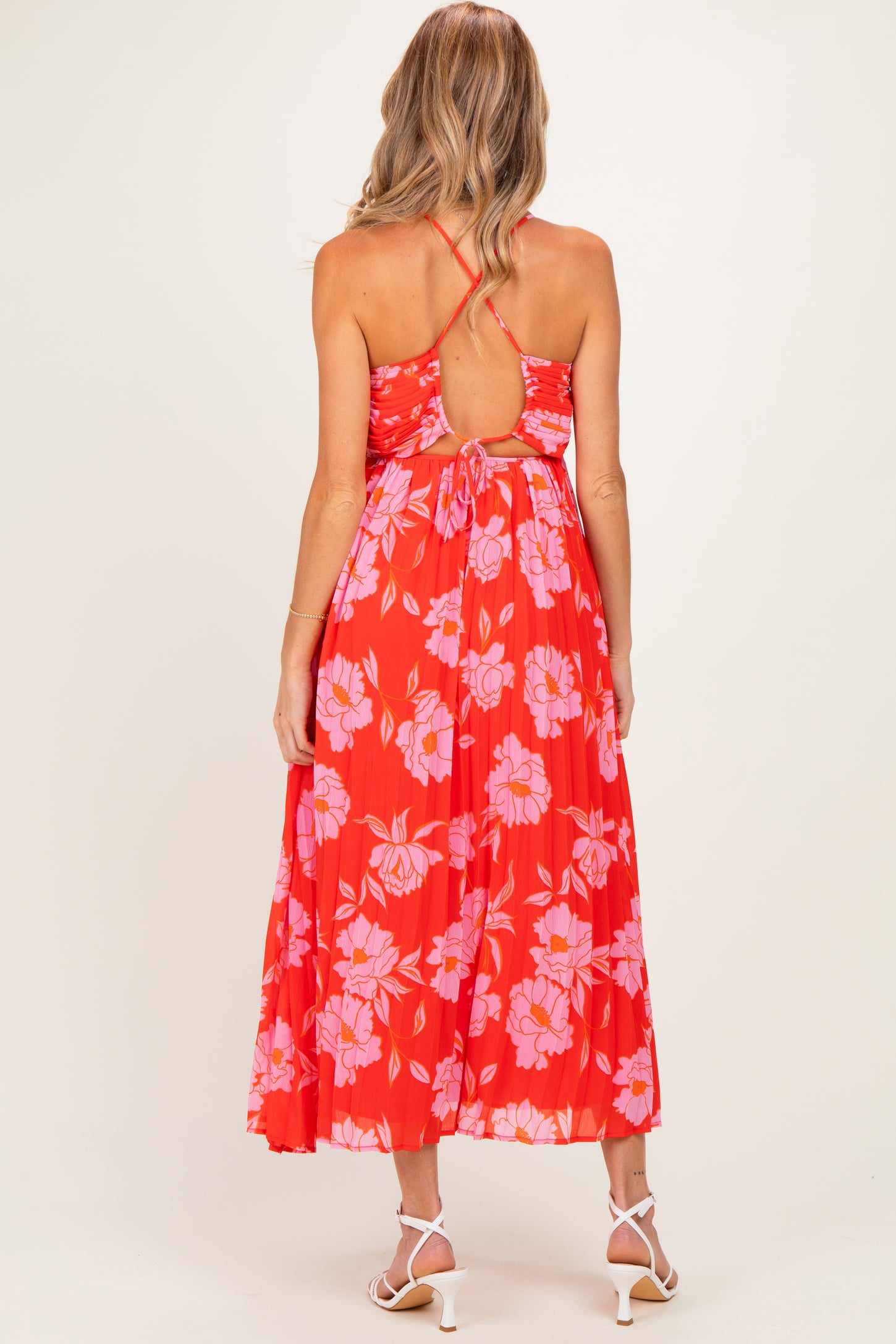Red Floral Pleated Cutout Back Maternity Midi Dress