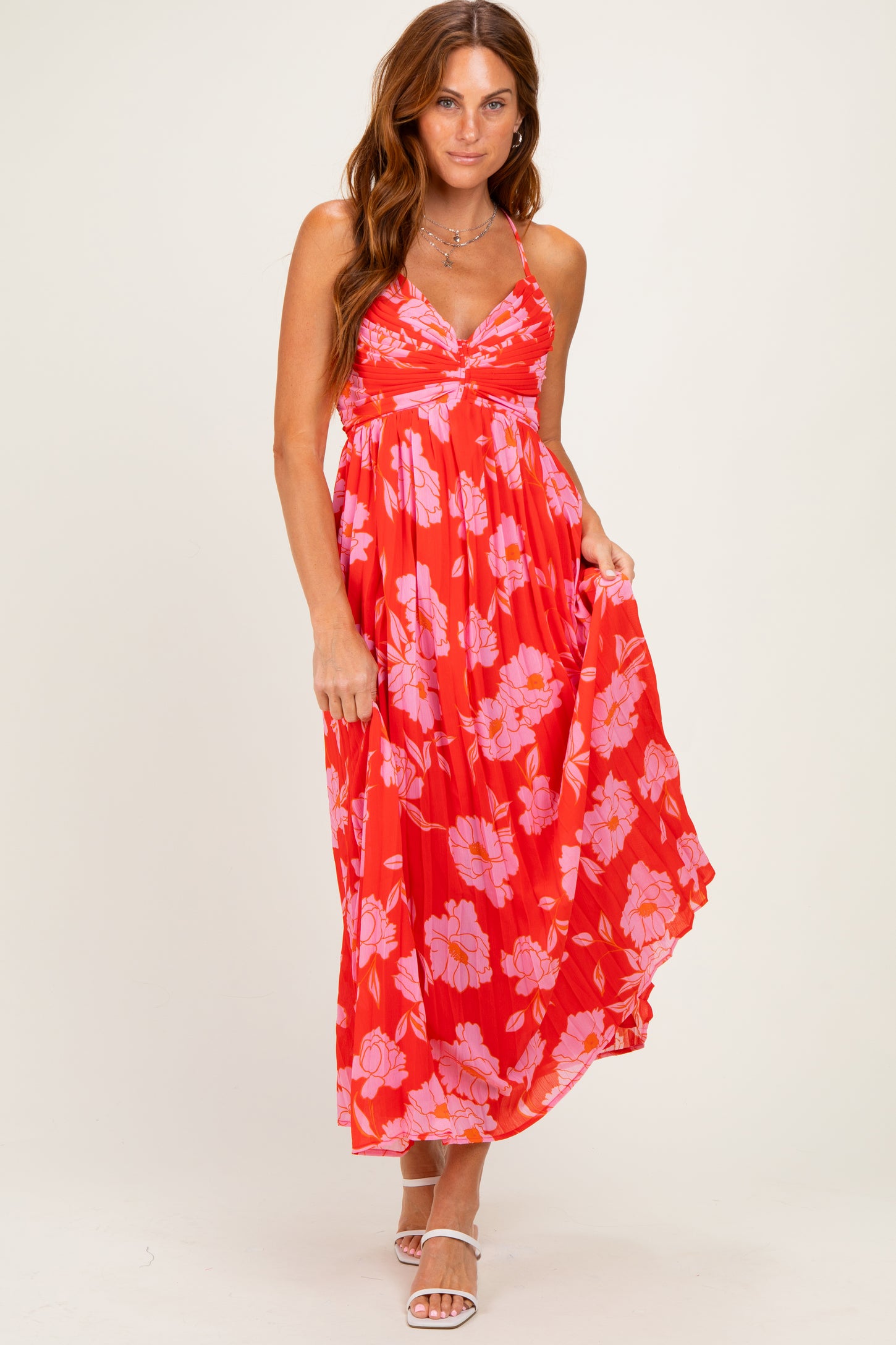 Red Floral Pleated Cutout Back Maternity Midi Dress