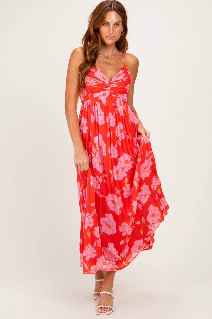 Red Floral Pleated Cutout Back Maternity Midi Dress