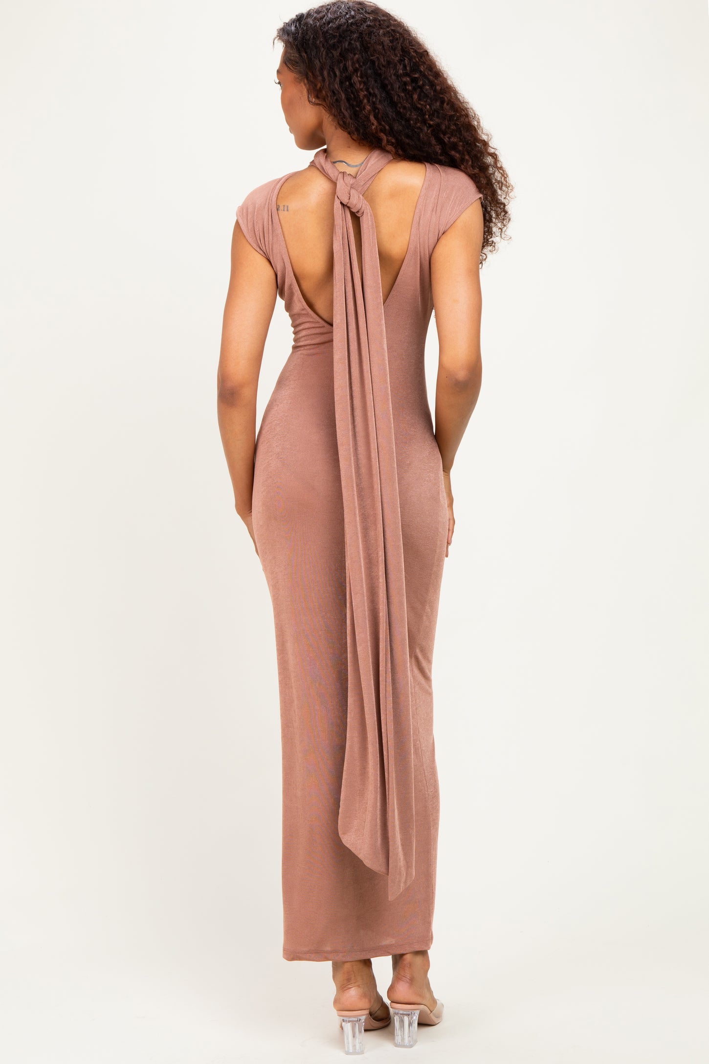 Brown Open Back Scarf Neck Maxi Dress