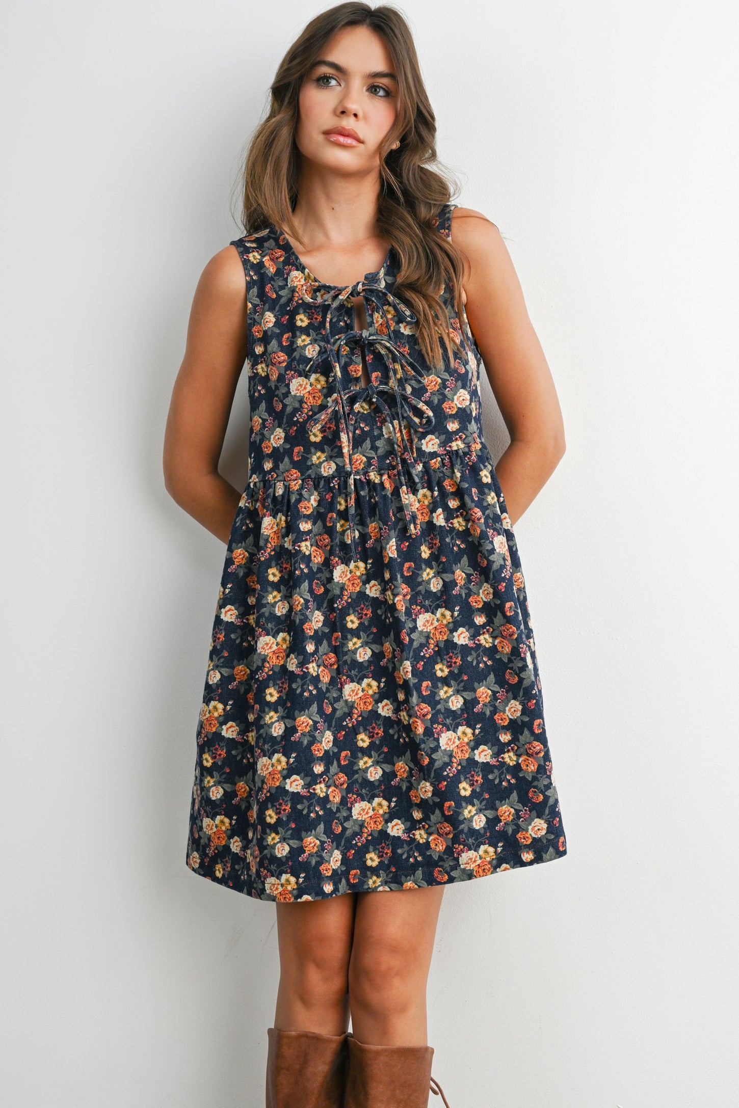 Dark Denim Floral Tie Front Maternity Mini Dress
