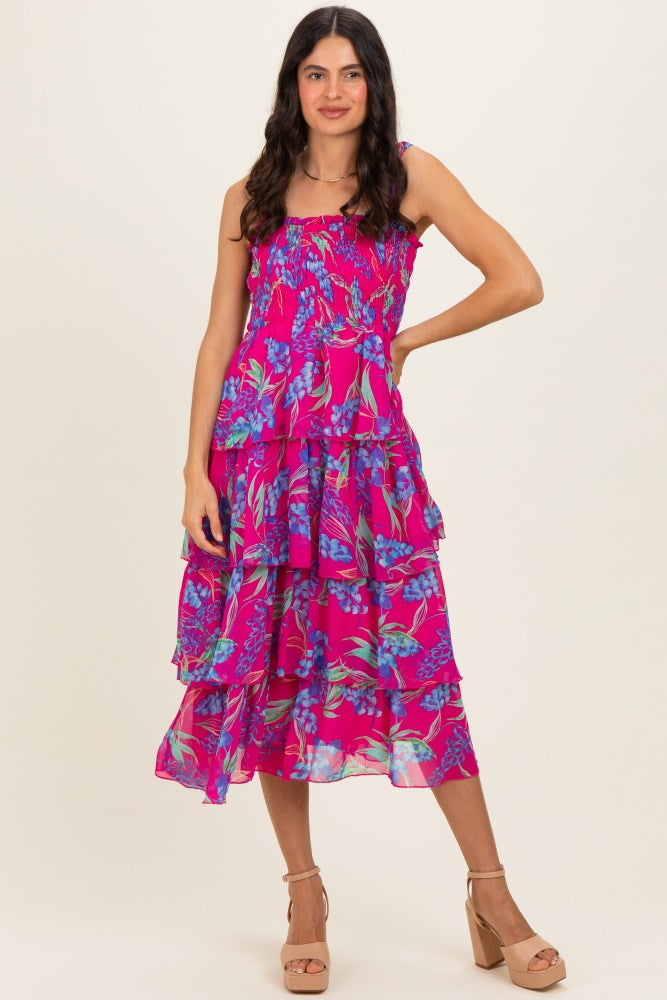 Fuchsia Floral Smocked Tiered Midi Dress