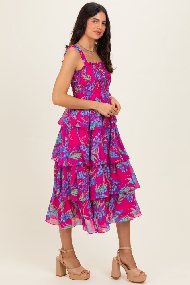Fuchsia Floral Smocked Tiered Midi Dress
