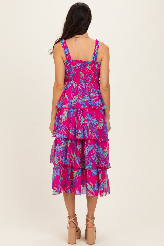 Fuchsia Floral Smocked Tiered Midi Dress