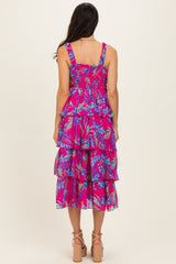 Fuchsia Floral Smocked Tiered Midi Dress