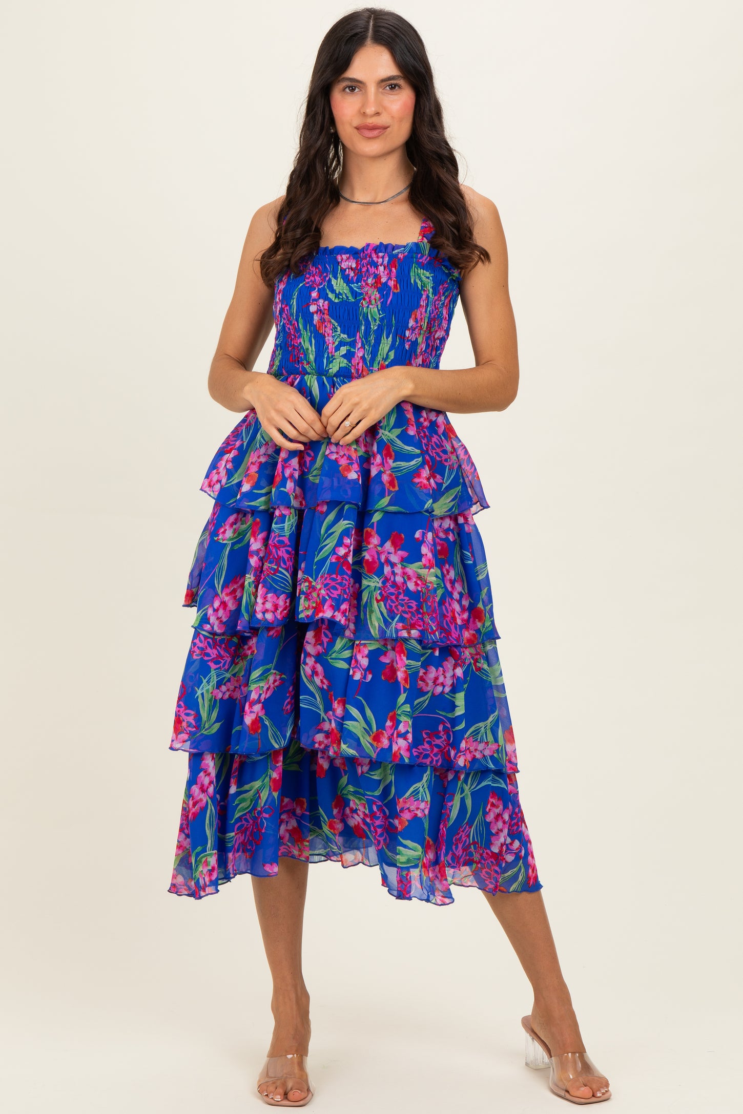 Royal Blue Floral Smocked Tiered Midi Dress