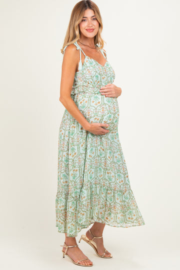 Light Mint Floral Tassel Strap Maternity Midi Dress