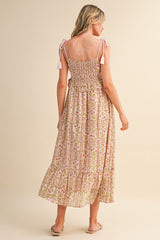 Light Pink Floral Tassel Strap Midi Dress