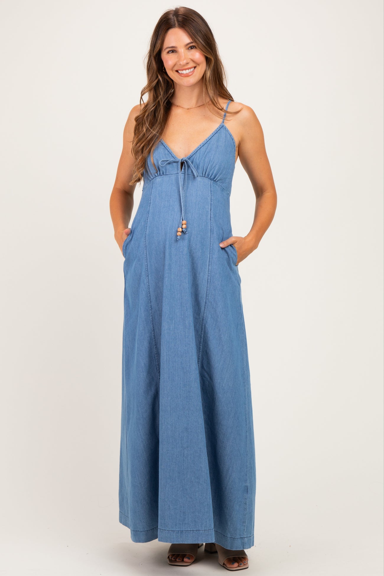 Light Navy Chambray Beaded Front Tie Maternity Maxi Dress