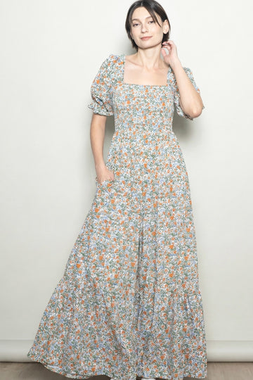 Cream Vintage Floral Smocked Puff Sleeve Maxi Dress