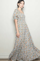 Cream Vintage Floral Smocked Puff Sleeve Maxi Dress