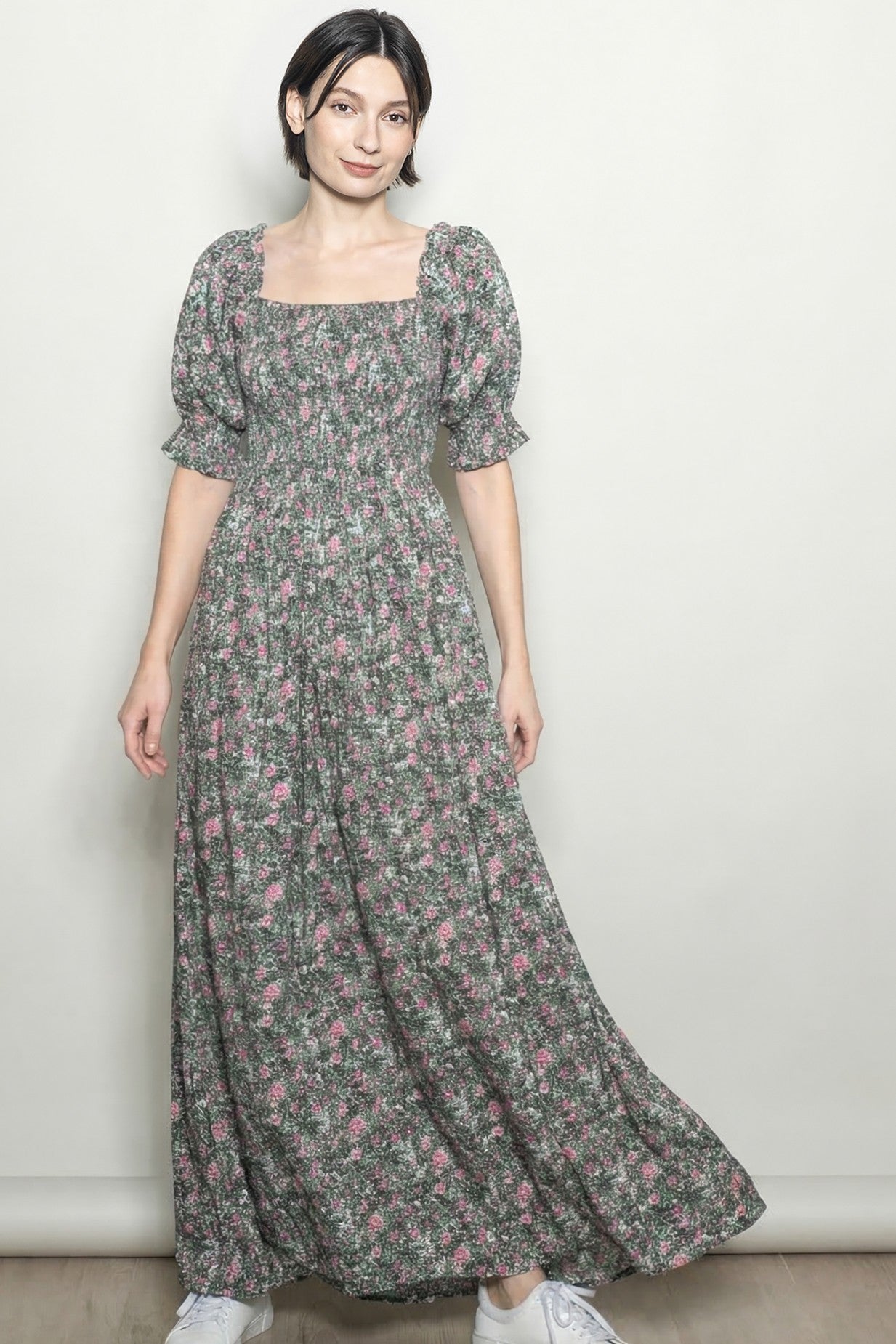 Olive Vintage Floral Smocked Puff Sleeve Maxi Dress