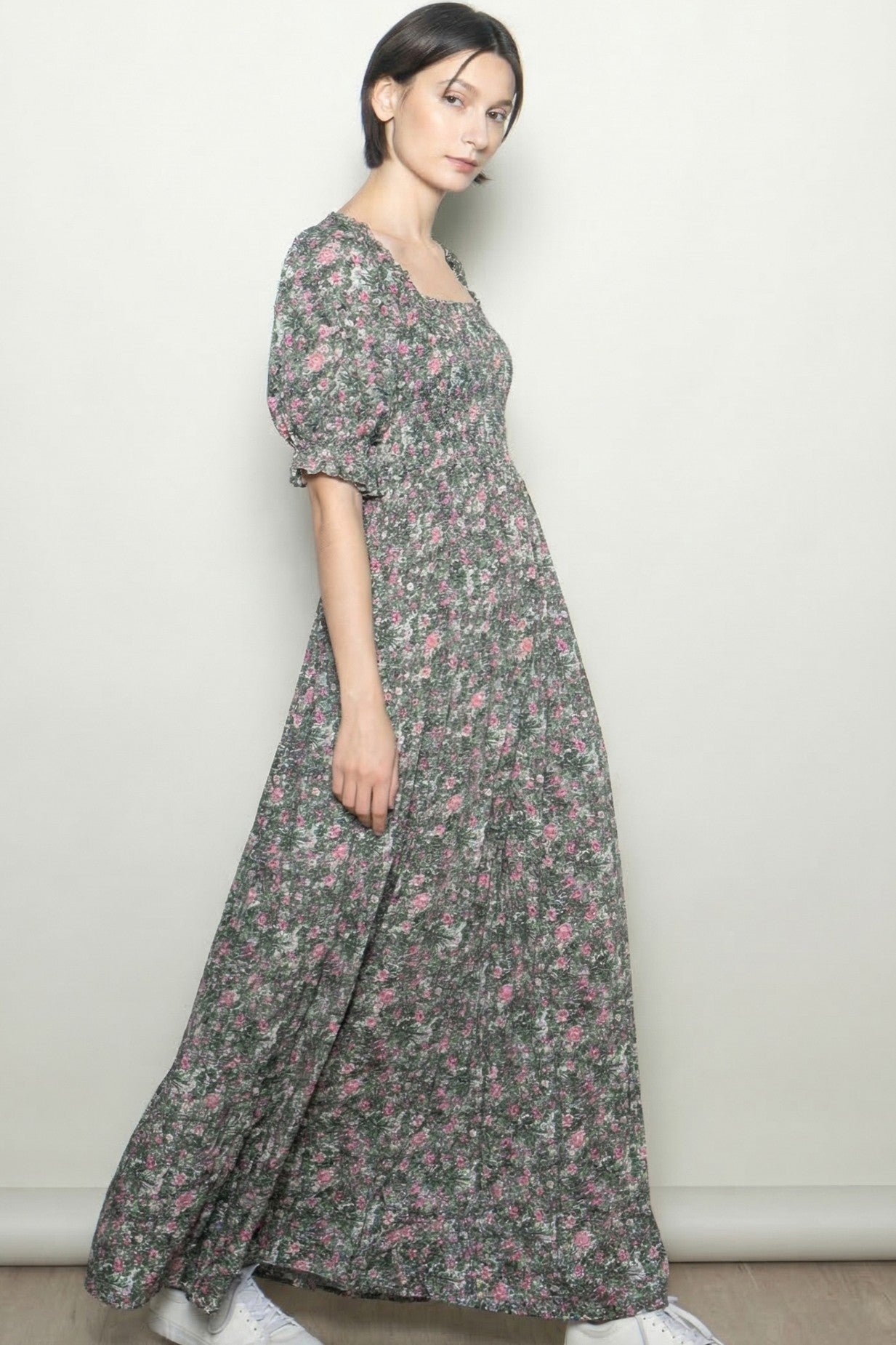Olive Vintage Floral Smocked Puff Sleeve Maxi Dress