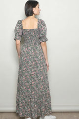 Olive Vintage Floral Smocked Puff Sleeve Maxi Dress