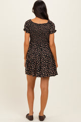 Black Floral Smocked V-Neck Puff Sleeve Dress