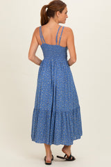 Blue Floral Lace Detail Strappy Maxi Dress