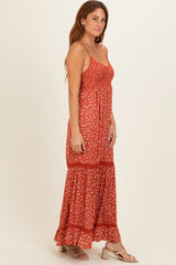 Rust Smocked Bust V Neck Lace Trim Maxi Dress