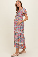 Ivory V Neck Twist Front Cut Out Floral Print Maternity Maxi Dress