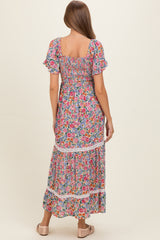 Ivory V Neck Twist Front Cut Out Floral Print Maternity Maxi Dress