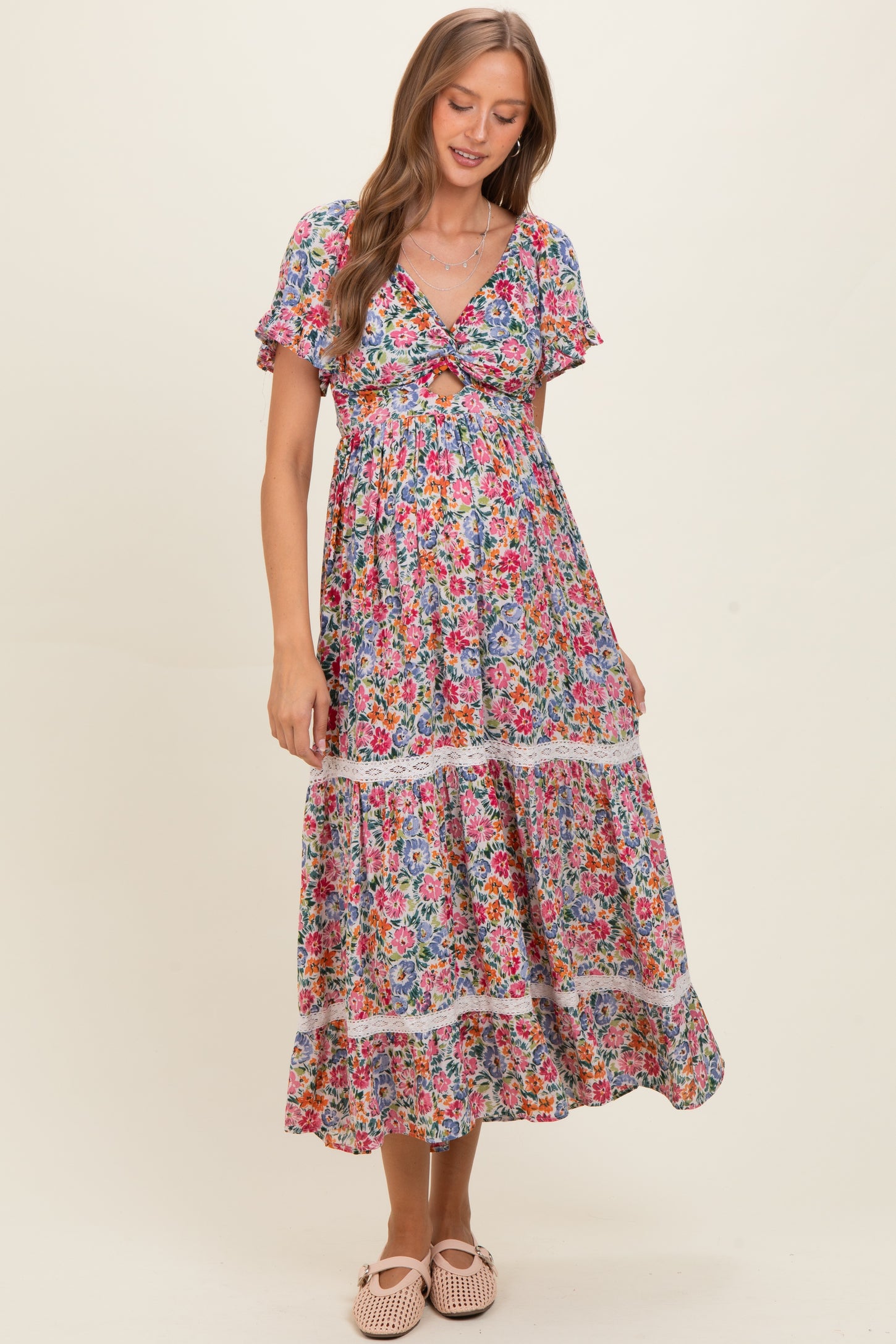 Ivory V Neck Twist Front Cut Out Floral Print Maternity Maxi Dress