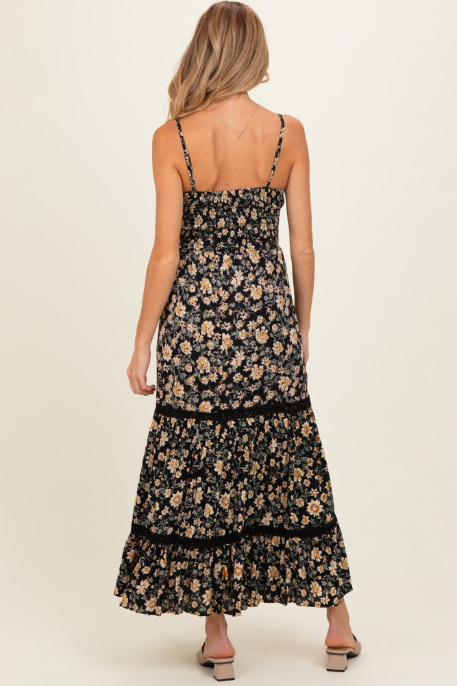Black Floral Twisted Front Lace Detail Maternity Maxi Dress