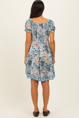 Blue Green Floral Smocked V-Neck Puff Sleeve Dress