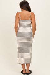 Cream Striped Sleeveless Side Slit Maternity Midi Dress
