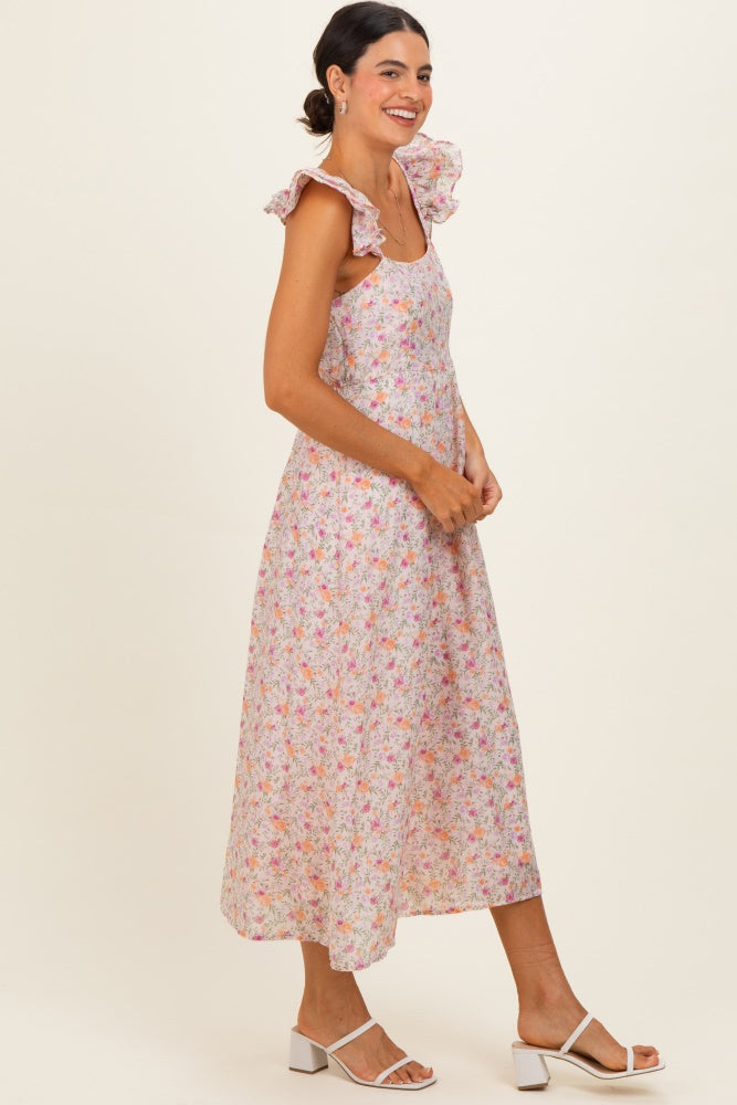 Blush Floral Ruffle Strap Midi Dress