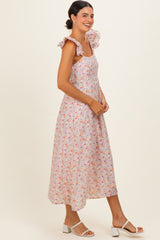 Blush Floral Ruffle Strap Midi Dress