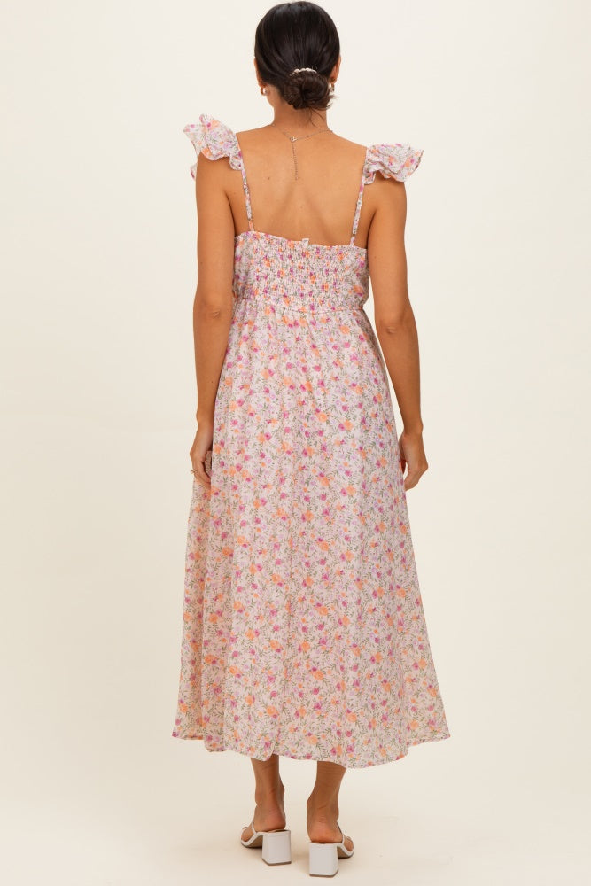 Blush Floral Ruffle Strap Midi Dress