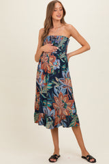 Navy Smocked Bodice Strapless Printed Maternity Midi Dress