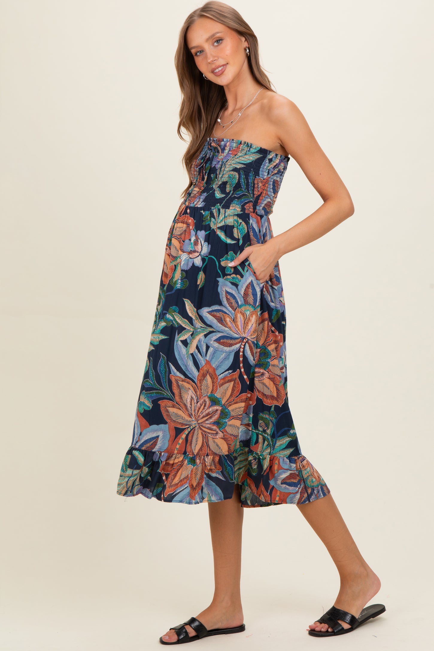 Navy Smocked Bodice Strapless Printed Maternity Midi Dress